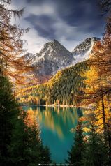 Antholzer See im Herbst in den Dolomiten in Italien in Südtirol