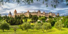 Die mittelalterliche Stadt Carcassonne in der Auvergne im Herzen von Frankreich. Wie eine Burg / Festung aus dem Mittelalter präsentiert sich die Stadt in schöner Landschaft mit Feldern und Olivenbäumen.